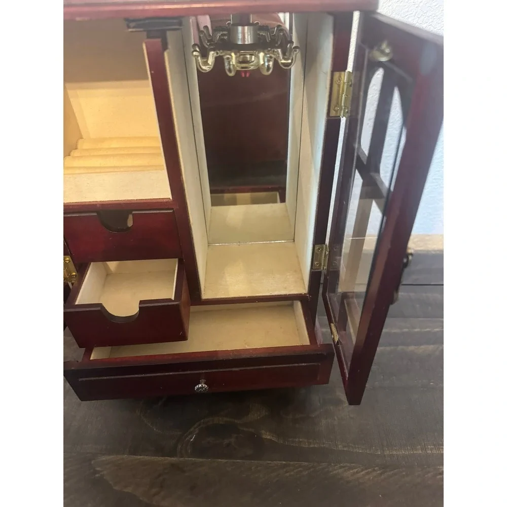 Vintage Wooden Jewelry Armoire Cherry Finish Glass Doors Necklace Carousel Box